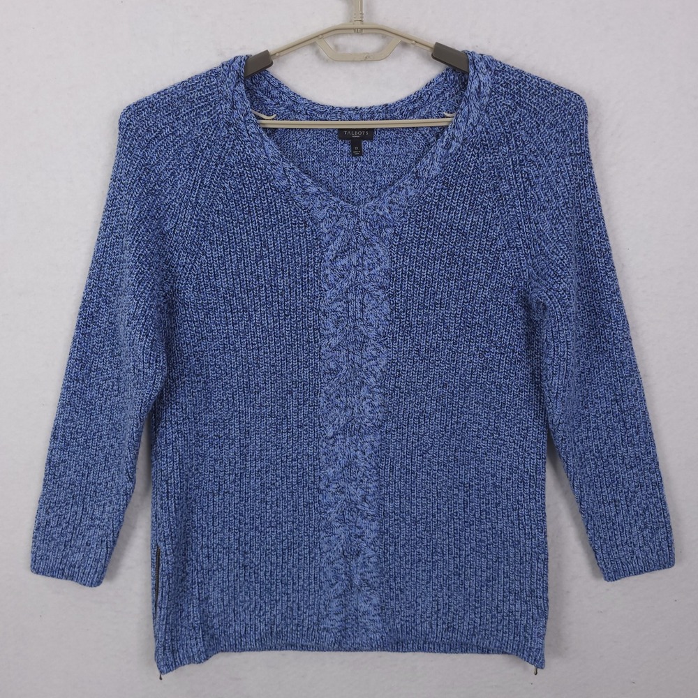 Talbots Sweater Woman 1X Blue Marled Cable Knit V-Neck Cotton Side Zip Pullover